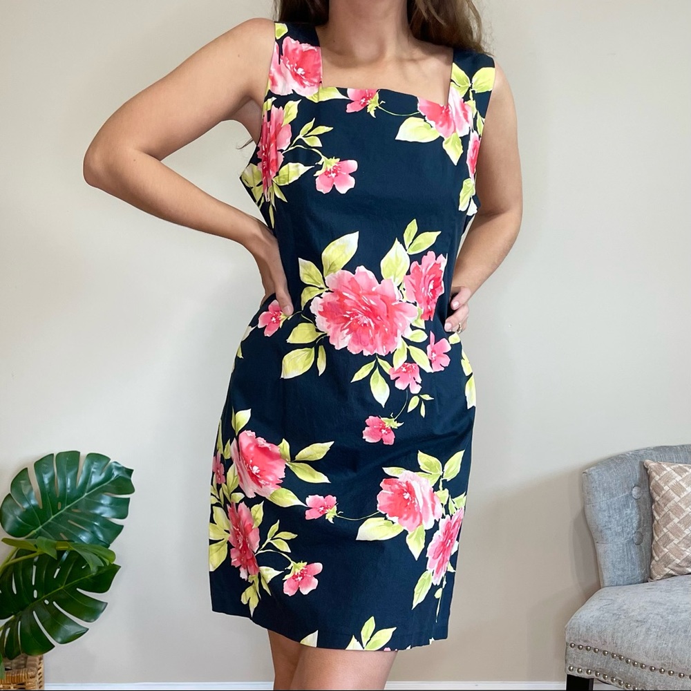 90s Square Neck Black & Floral Mini Dress (16/L)